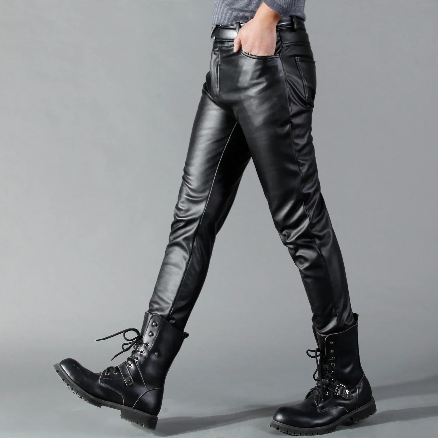 Mens leather pants slim fit elastic fashion PU cyclist nightclub party and dance thin 240913