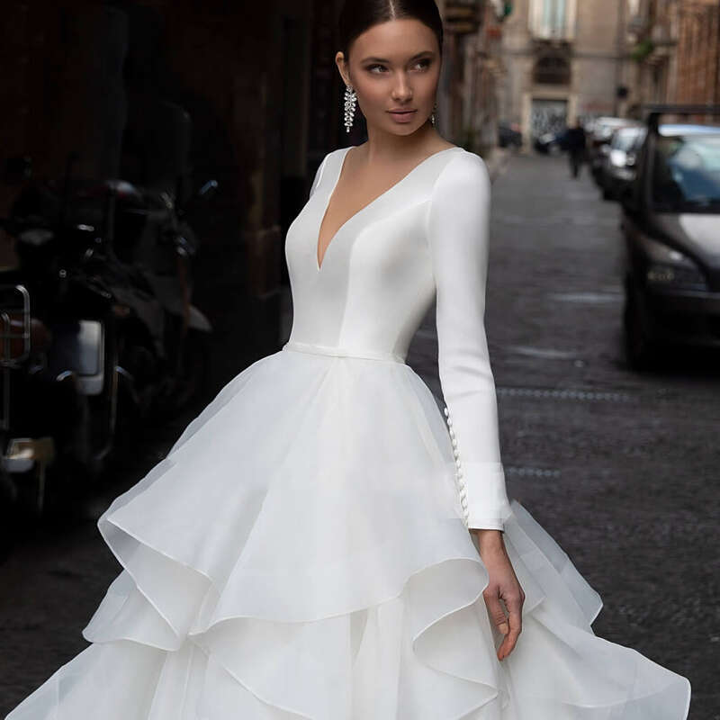 Simple A E Wedding Dresses Multilayered Ruffles Long Sleeves Bridal Gowns Custom Made V Neck Button Vestido De Novia