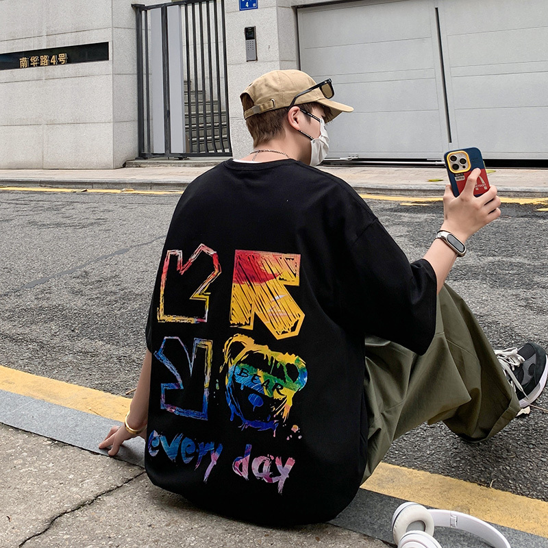 High quality 7.4oz 210gsm men's shoulder down large graffiti print short sleeved summer cotton top casual T-shirt