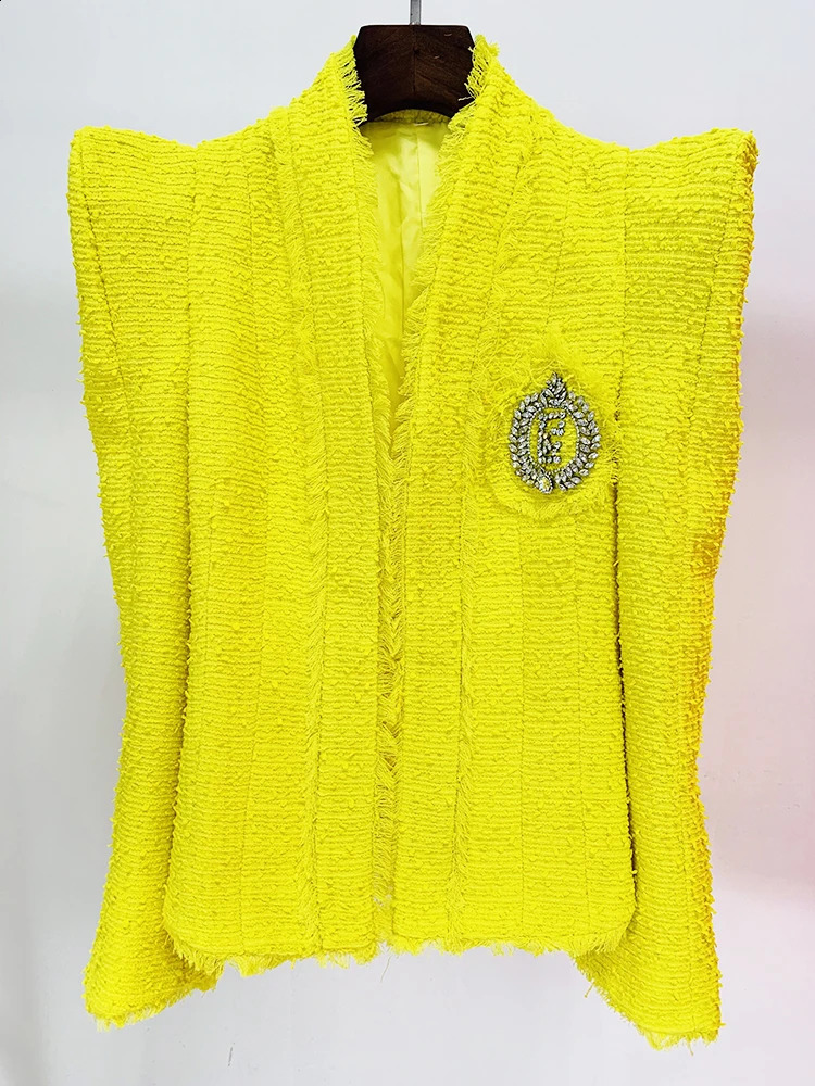 High Street est F/W Runway er Fashionable Womens Ultra Thin Fit Shoulder Diamond Beaded Ruffle Coarse Linen Jacket 240919