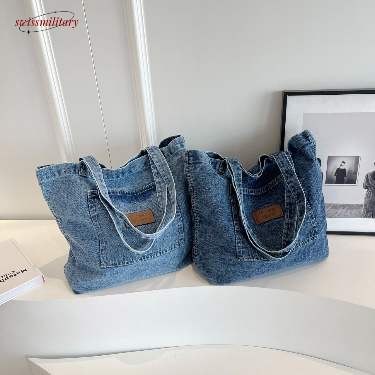 Korean Dongdaemun Lazy Denim 2024 New Emed Letter Texture Single Shoulder Tote Bag #25 Swissmilitary