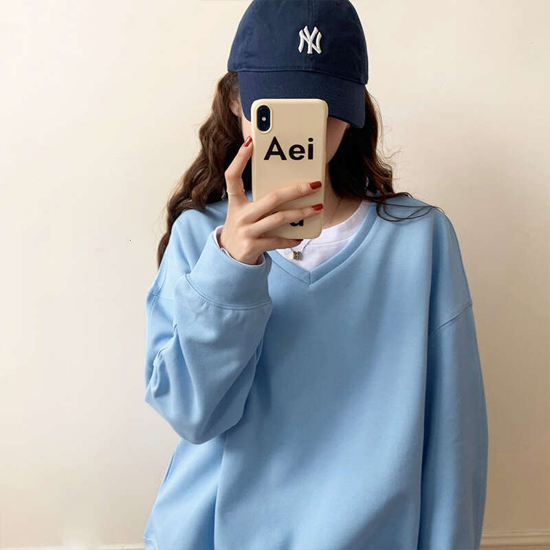 Hallowmas Oversize Hoodie for Women in Spring Autumn Thin Style 2024 New Item V-neck Loose and Lazy Style Solid Color Long Sleeved Pullover Top Autumn