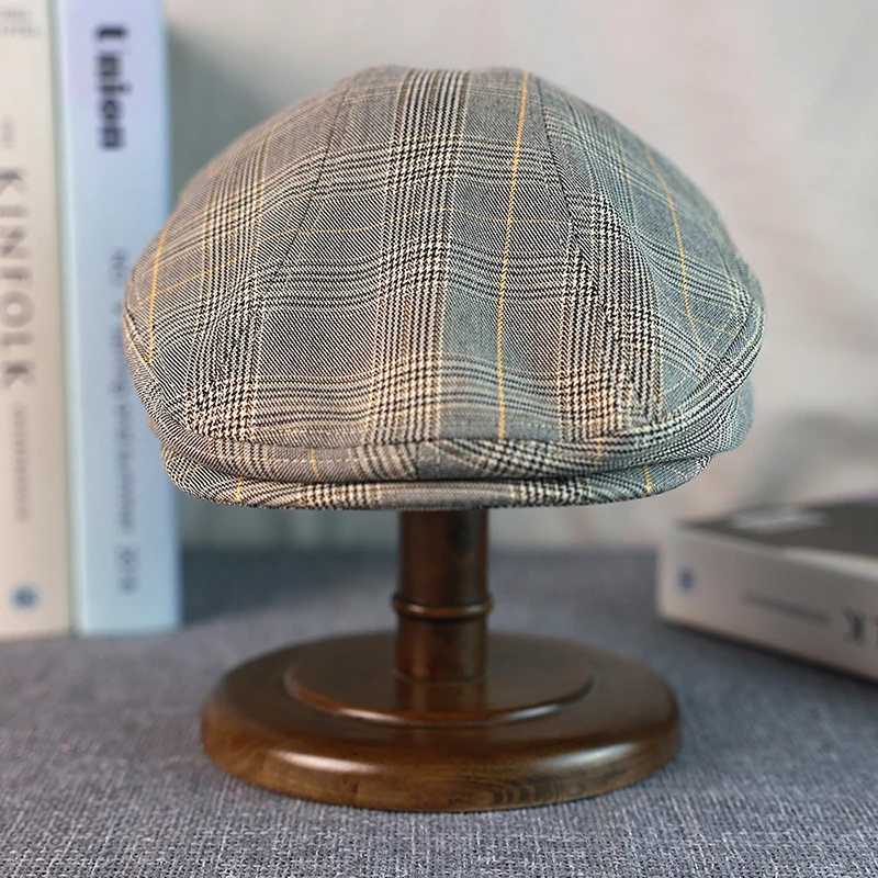 Gray Plaid Newsboy Hat Linen Cotton Womens Mens Ivy Cap Cabbie Driver Hat Spring Autumn Flat Hats Vintage Gatsby Beret A-53X240919