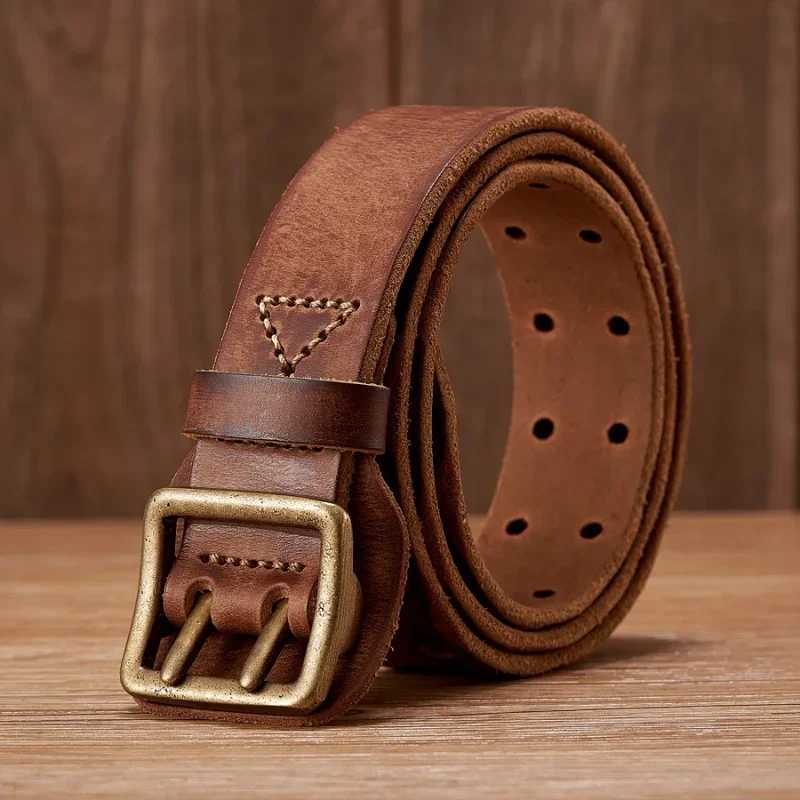 Thick original belt retro mens broadband mens denim belt genuine leather double buckle belt denim jeans belt W240920