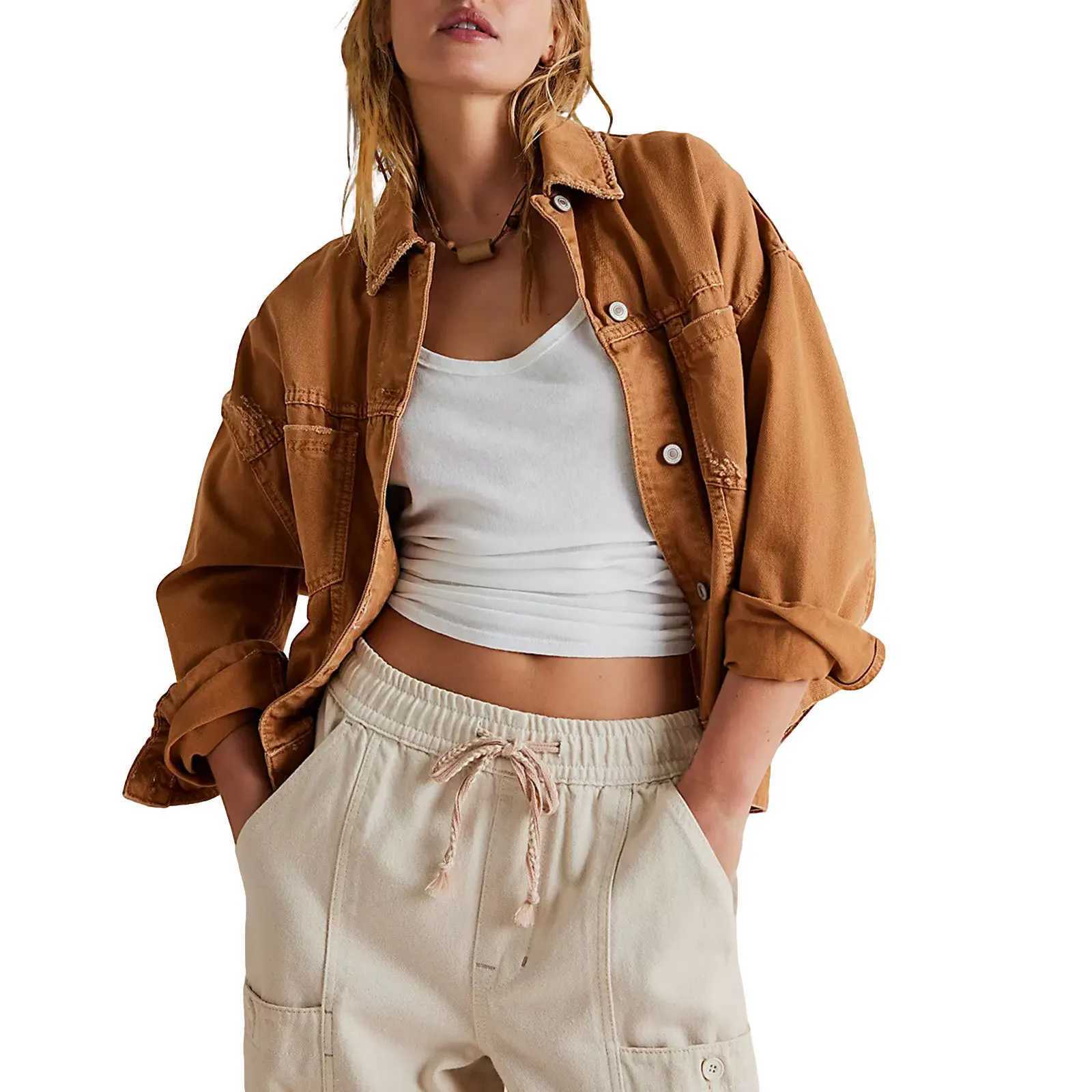 Denim Coat Single Breasted Women Jackets Turn Down Collar Outerwear Cardigan Solid Loose Pockets Washed Button High StreetX240920