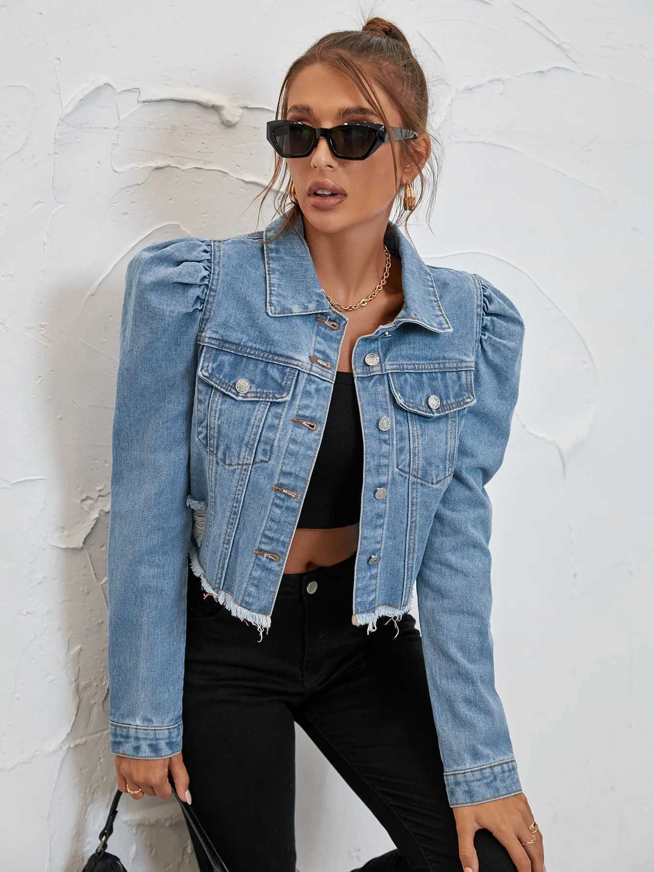 Spring and autumn fashion court style lapel denim casual short jacketX240920