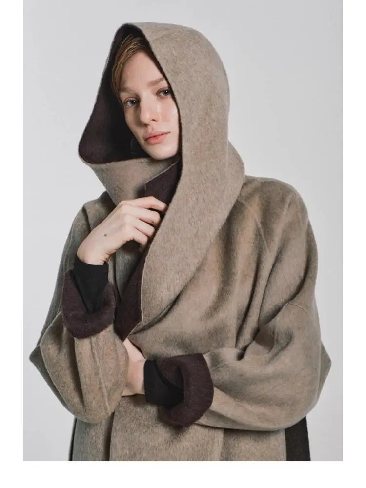 Office ladies hooded wool jacket autumnwinter bathroom style loose and lazy lace tied womens long 240918