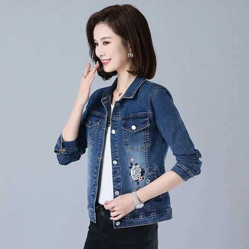 Fashion Embroidered Denim Jacket Elegant Large Size Elastic Women Short Coat Female Slim New Outerwear Casual Jeans Tops JacketsX240920