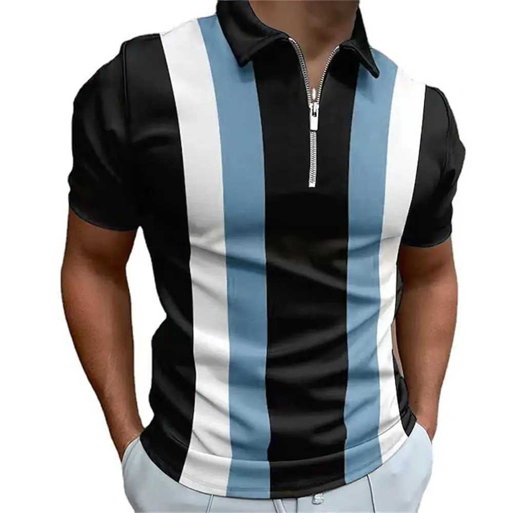 Basic Style Stripe Printed Mens Polo Shirt Half Zip Up Short Sleeve Polo Shirts For Men Multicolor Causal Mens Clothing SummerX240920