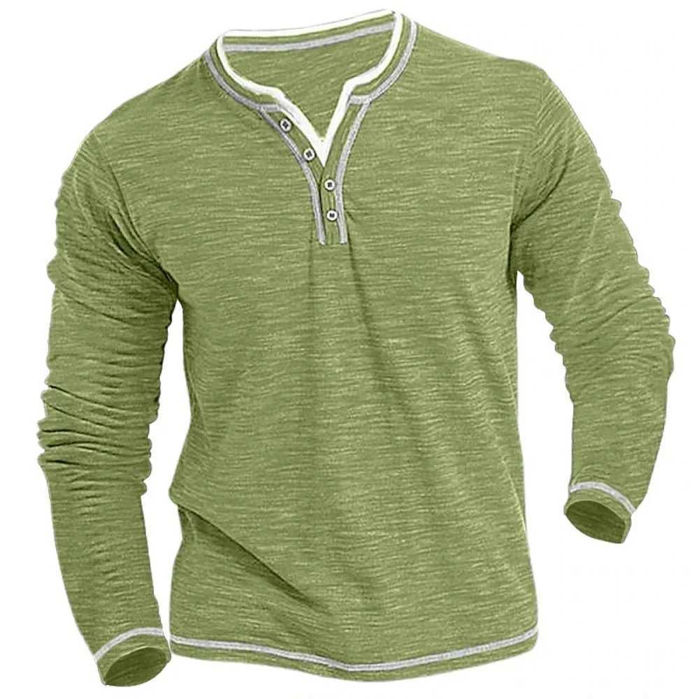 New Cotton Small V-neck T-shirts Mens Casual T-shirt Fall Winter Long-sleeved Comfortable Soft Stretch Henley ShirtX240919