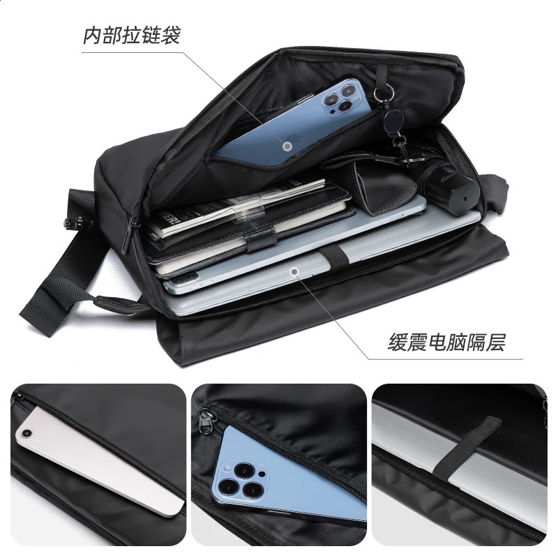 Waterproof Crossbody Bag Mens Large Capacity 15 inch Laptop Fashion Shoulder Solid Black Light Portable Anti theft Zipper 240919