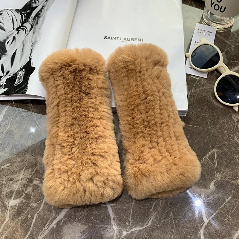 Winter Real Fur Golve Women Outdoor Warm 100% Real Rex Rabbit Fur Gloves Knit Thick Natural Soft Rex Rabbit Fur Mittens 240914