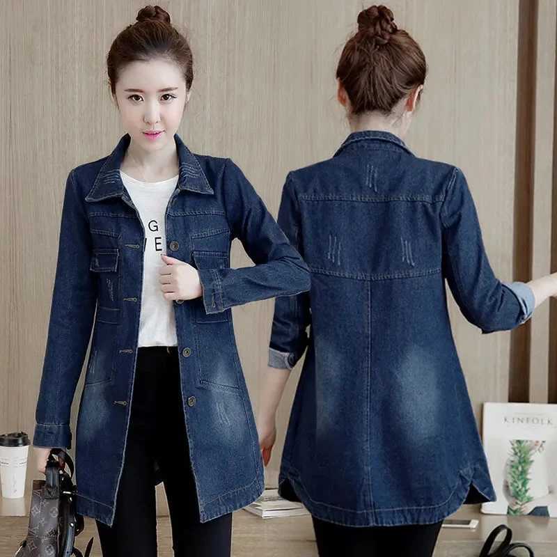 2024 New Autumn Winter Korean Denim Jacket Women Slim Long Base Coat Womens Frayed Navy Blue Casual Female Jeans Jackets CoatsX240920