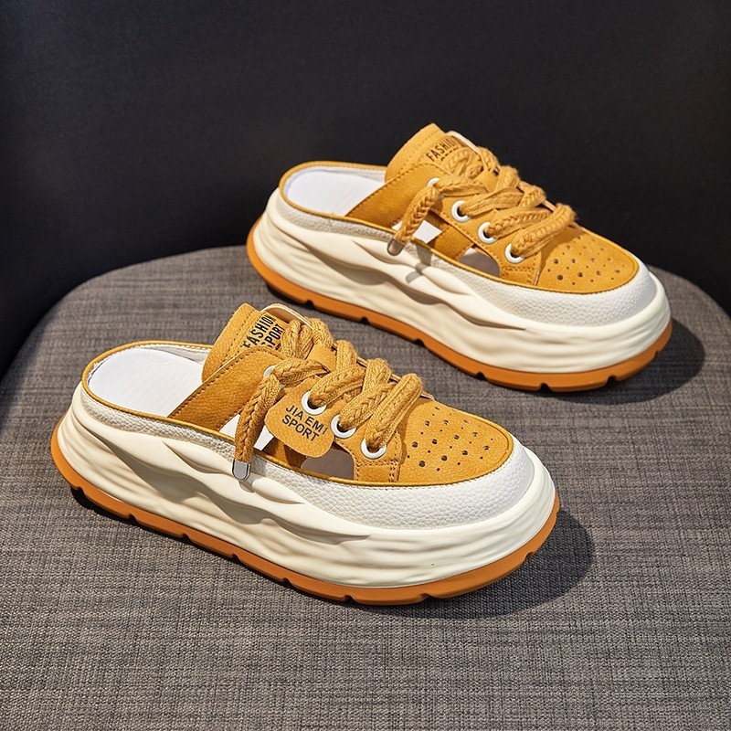 Thick bottom toe half women's spring and summer outdoor wear 2024 new hollow out cool slippers for casual lazy people with one foot kick