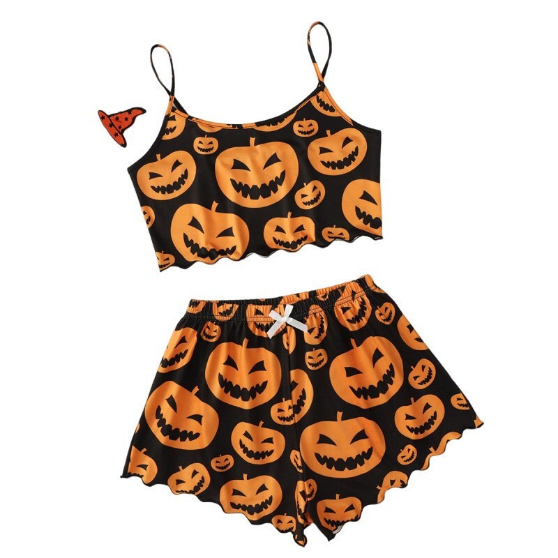 2024Temu style Halloween pajamas pumpkin print set sexy suspender home outfit