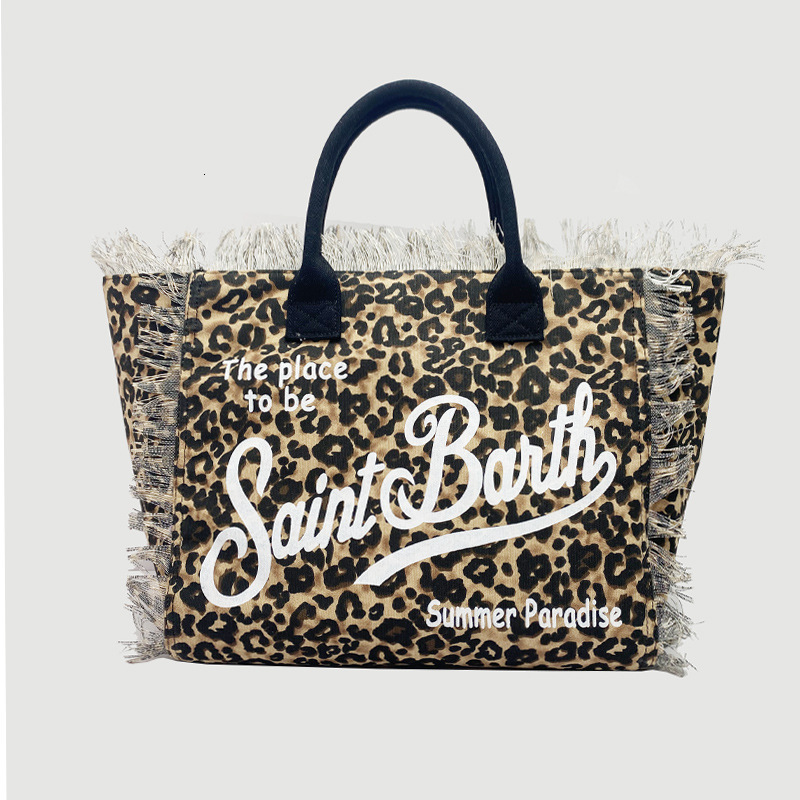 New Leopard Print Bag, Large Capacity Canvas Tassel Design Handbag, Women's Summer Zippered Shoulder Bag