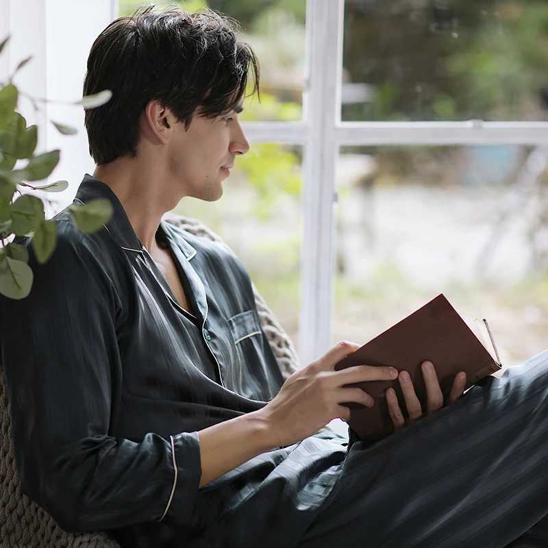 Mens Spring Autumn Summer 100% Silk Pajamas Thin casual and simple to wear out Home Summer Pajama Set Y240919