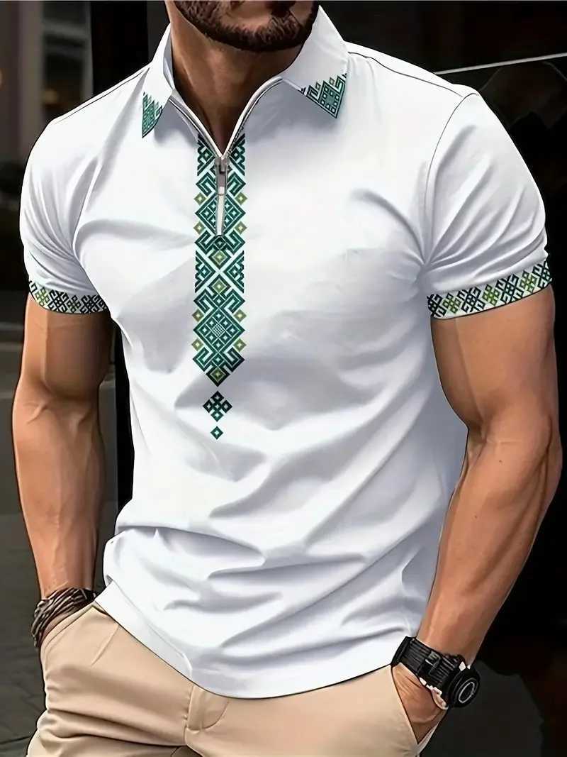 2024 Summer Fashion Mens Polo Shirt Lapel Zip Stripe Tie Print Mens Sports And Leisure Breathable Polo Shirt Mens ShirtX240920