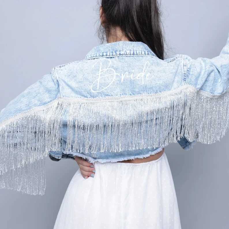 Denim Fringe Crop Jacket Bride Jean Mrs Personalized Wedding Bridal Engagement Gift Custom Bridal Party Jackets With TasselsX240920