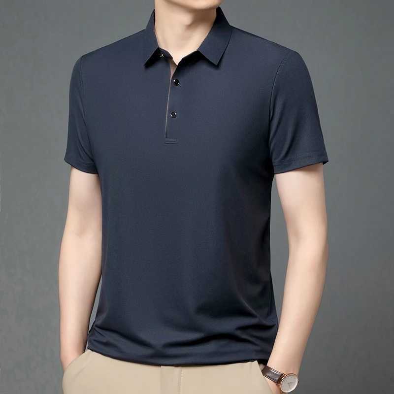 Solid Color POLO Shirt for Mens Summer Thin Business Casual Ironless Loose Short Sleeved POLO Shirt Flip Over Tie Button T-shirX240920