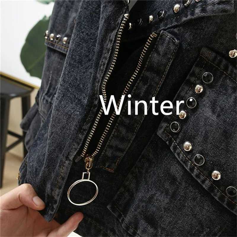Turn-down Collar Nail Bead Denim Jacket Women Loose Zipper Outwear Jean Coat Female Spring And Autumn Jacket Blue Black JacketsX240920
