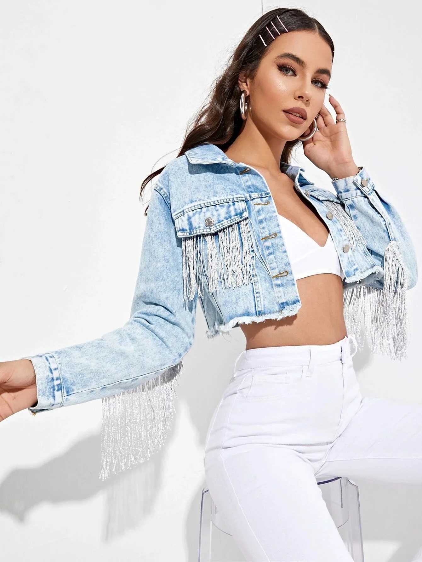 Womens Fringe Jacket Tassel Cropped Denim Jacket Raw Hem Ripped Crop Jean JacketsX240920