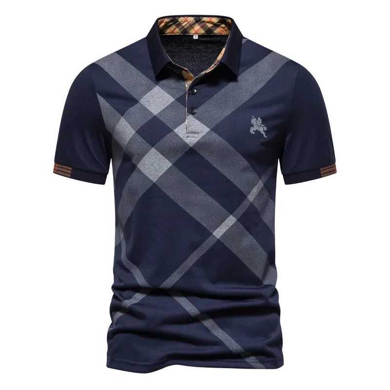 Summer Mens Short Sleeved Polo Shirt Business Casual Classic Diagonal Striped Plaid Neck Thin Fitting Breathable Mens ClothingX240920