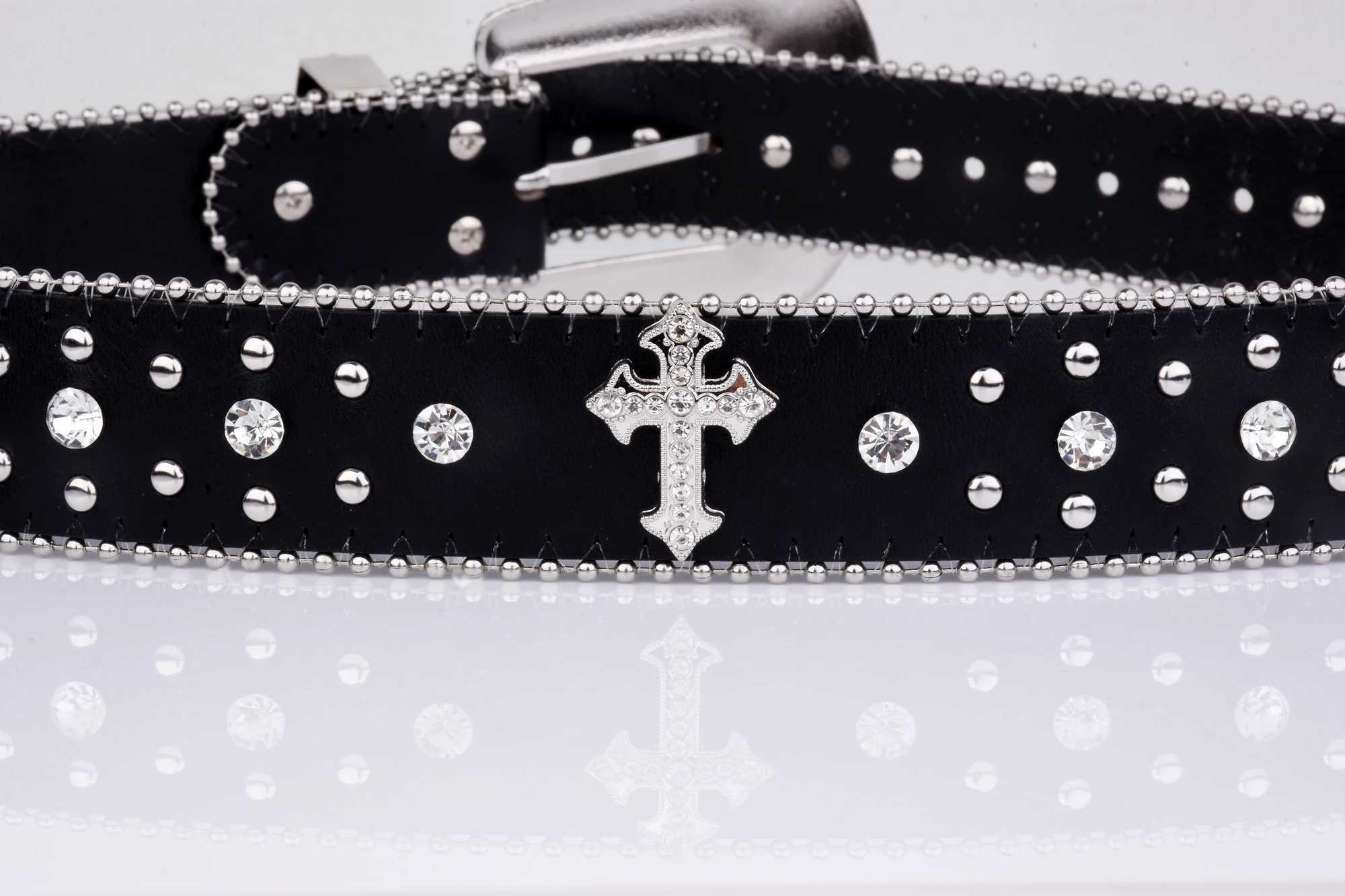 Black cross rivet belt with carved buckle rhinestone decoration PU belt hip-hop jeans pants belt punk western denim womens belt W240920