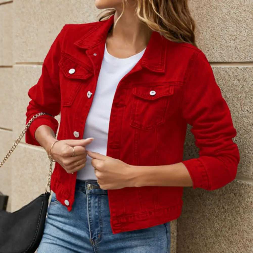 Women Denim Jacket Single-breasted Solid Color Lapel Flap Pockets Cardigan Warm Buttons Slim Fit High Street Women CoatX240920