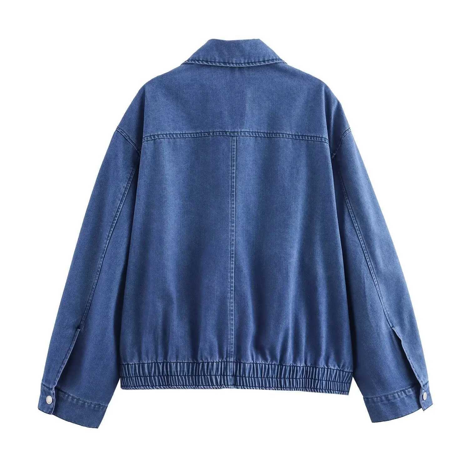 Womens new denim jacket jacket solid color loose casual versatile zippered long sleeved topX240920