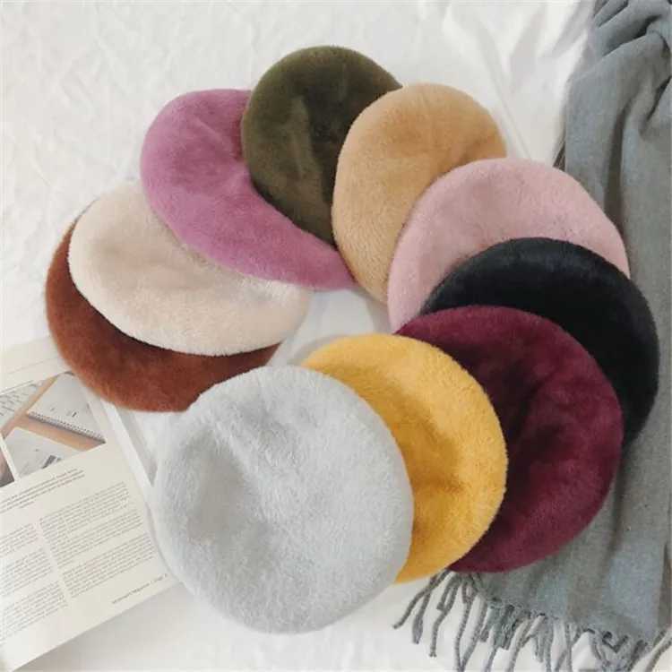 New Fashion Cheap Rabbit Fur Winter Beret Hat for Women Knitted Hat fashion Beret for Adult Girl Solid Colors Fashion Lady CapX240919