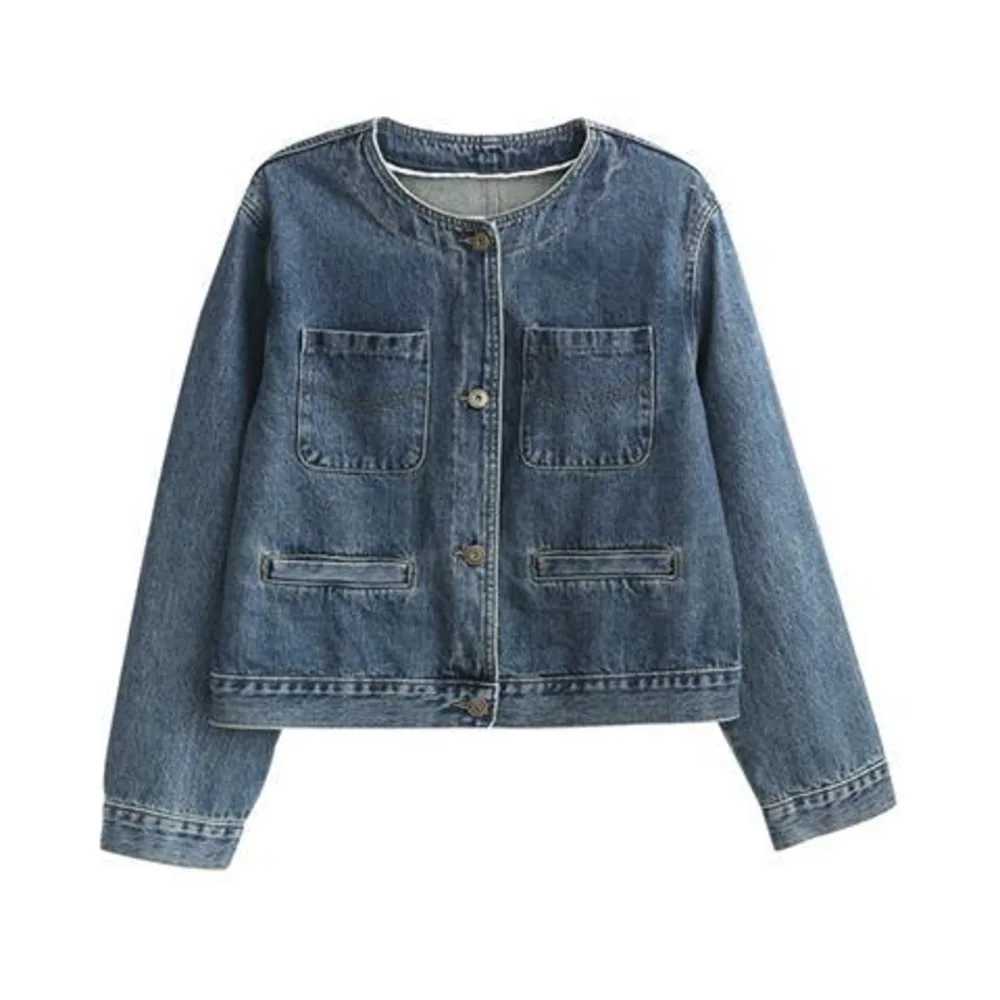 Retro Blue Denim Jacket Women Chic Vintage Simple Round Collar Pocket Single-breasted Cropped Coat Tops Jean JacketX240920
