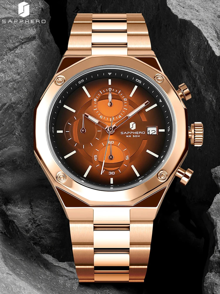 SAPPHERO Rose gold Chronograph Mens Watch Stainless Steel Quartz Watch Business Waterproof Luminous Calendar Wristwatch 240909