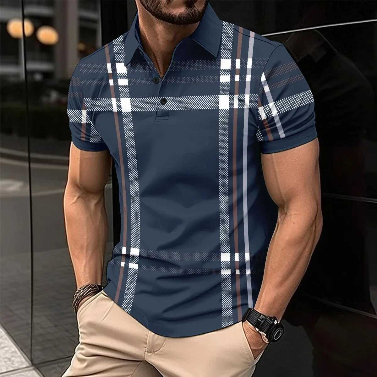 New Hot Selling Mens Short Sleeve Polo Shirt Spring Summer Business Casual Breathable Stripes Printed Polo Shirt Mens ClothingX240920