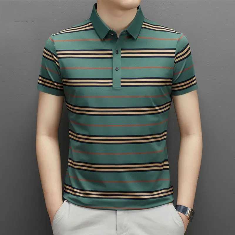 Summer Smart Casual Short Sleeved Polo Shirt Mens Lapel Button Print Casual Stripes Ice Silk Seamless Loose Versatile Thin TopX240920
