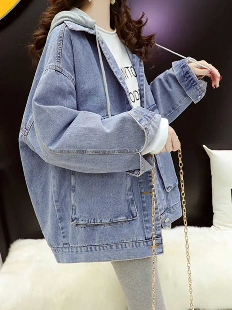Streetwear Black Denim Jackets Women Korean Fashion Patchwork Hooded Spring Jacket Casual Chaquetas Veste Jeans FemmeX240920