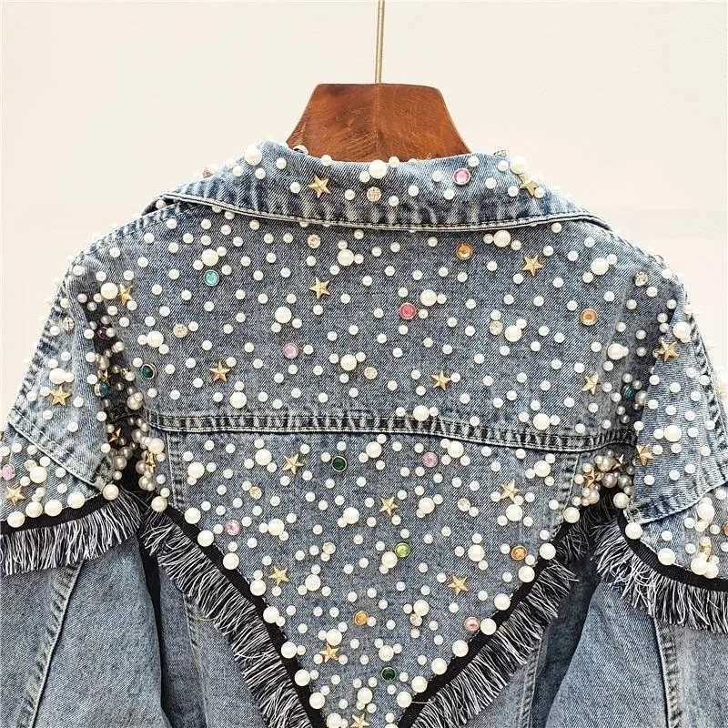 2024 New Mujer Spring Autumn Streetwear Denim Jacket Women Hand-studded Pearls Punk Tassel Veste Femme Loose Short Jeans CoatsX240920