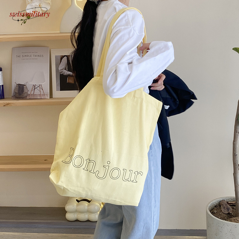 Korean Ins style letter canvas homemade simple color printed large capacity tote shoulder shopping bag #12 Swissmilitary
