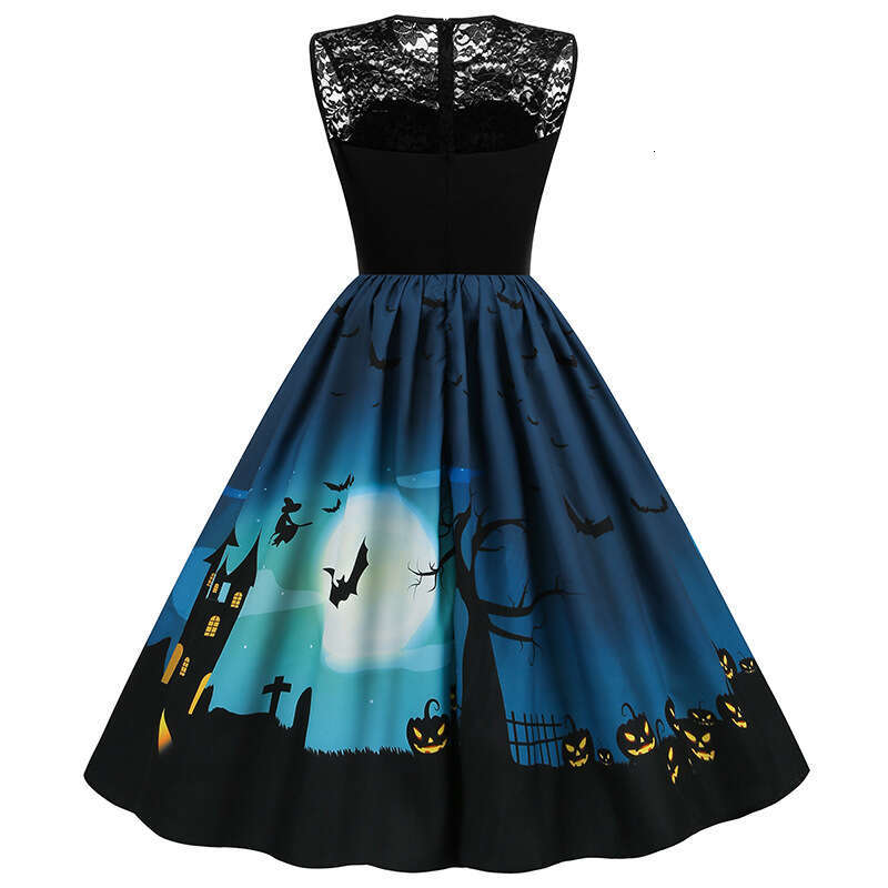 Hallowmas Halloween lace patchwork waist cinching big swing womens dress 8055
