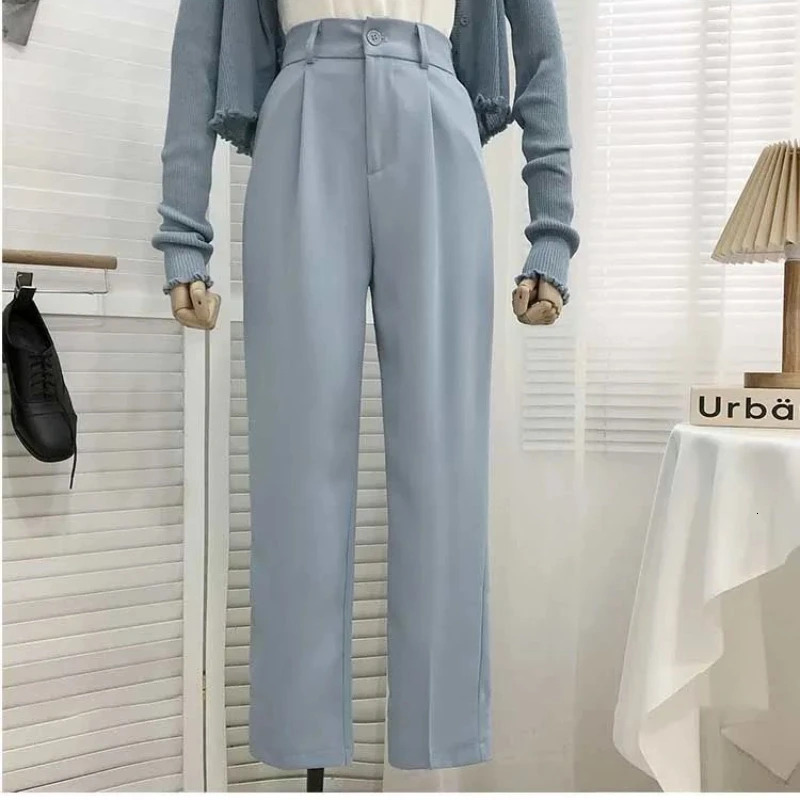 2026 Fashion Elastic High Waist Suit Pants Women Spring Casual Loose Straight Black Trouser Office Ladies Nine Points Streetwear