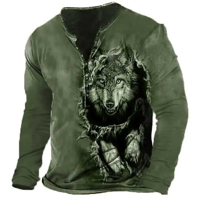 Vintage T-Shirt For Men Graphic T Shirts Wolf Cotton Mens 3D Printed Henley Shirt Long Sleeve Oversized Tee Male Clothing TopsX240919