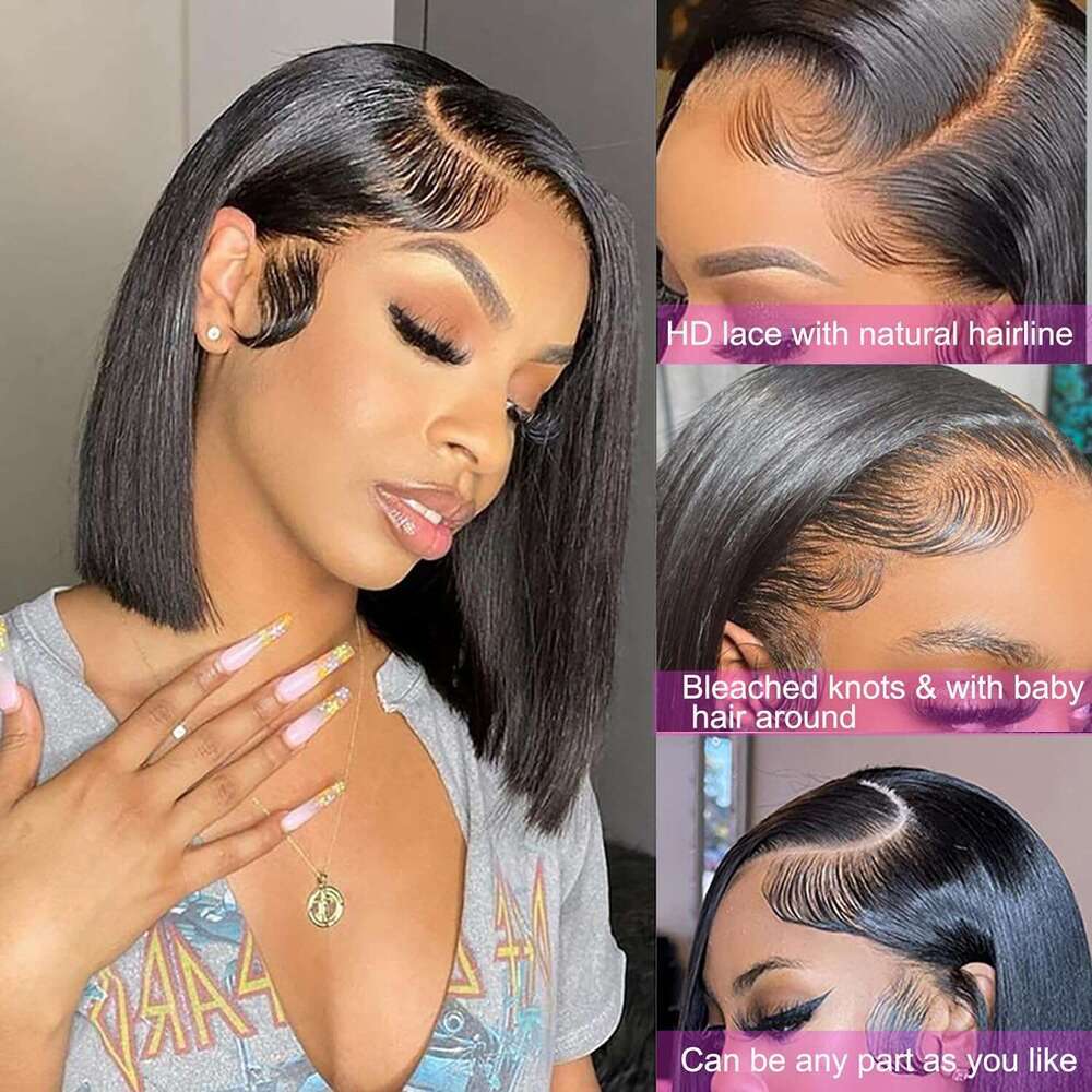 Short Bob Bone Straight 13X4 Front HD Lace Frontal Wig 200 Density Human Hair 8 10 12 14 16 inch For Black Women on Sale