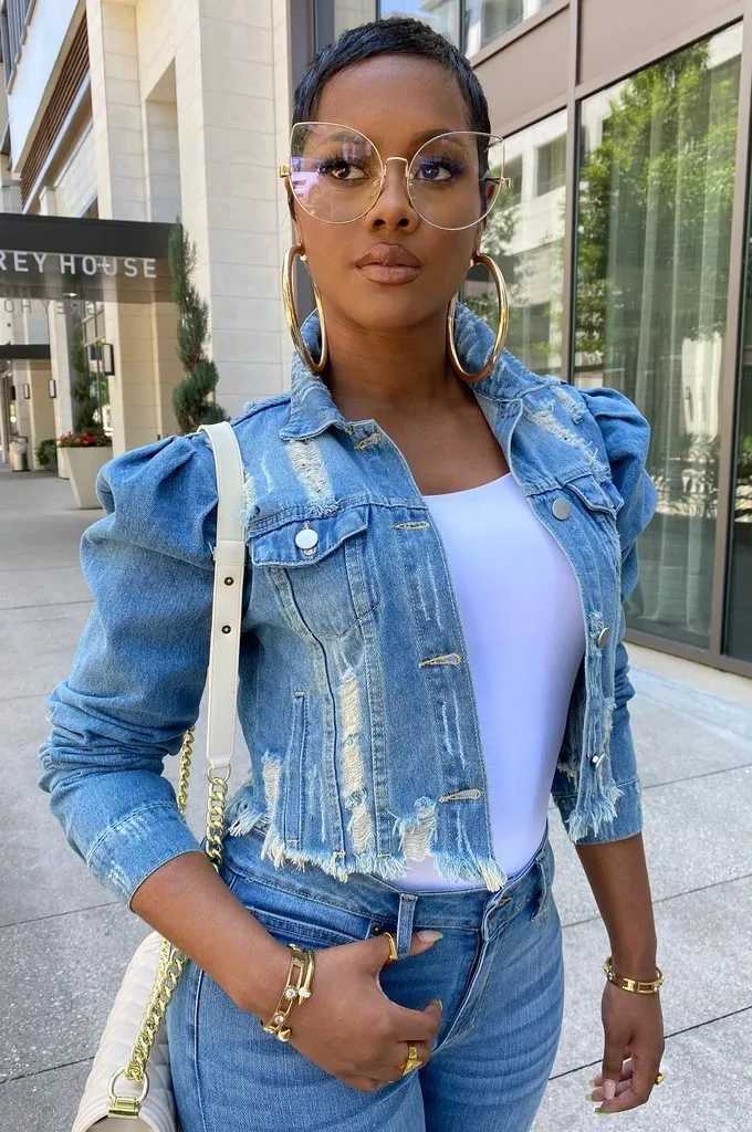 Women Hole Denim Jacket Outerwear Puff Sleeve Turn Down Collar Single Breasted Female 2024 Casual Vintage Short Jean CoatX240920