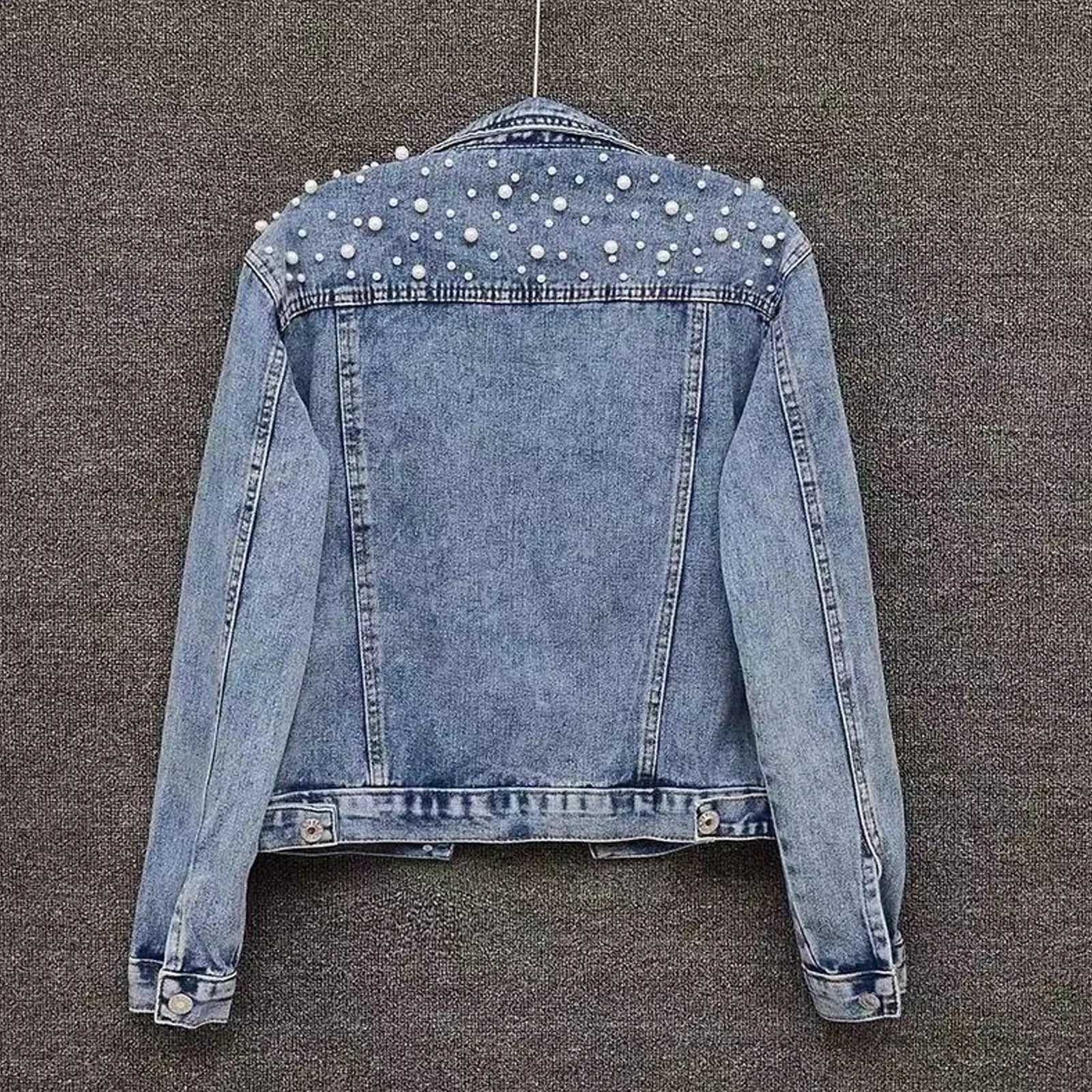 Womens Pearl Beaded Cropped Denim Jacket Long Sleeve Button Down Short Jackets Casual Boyfriend Jean Jacket Y2k Streetwear M-3XLX240920