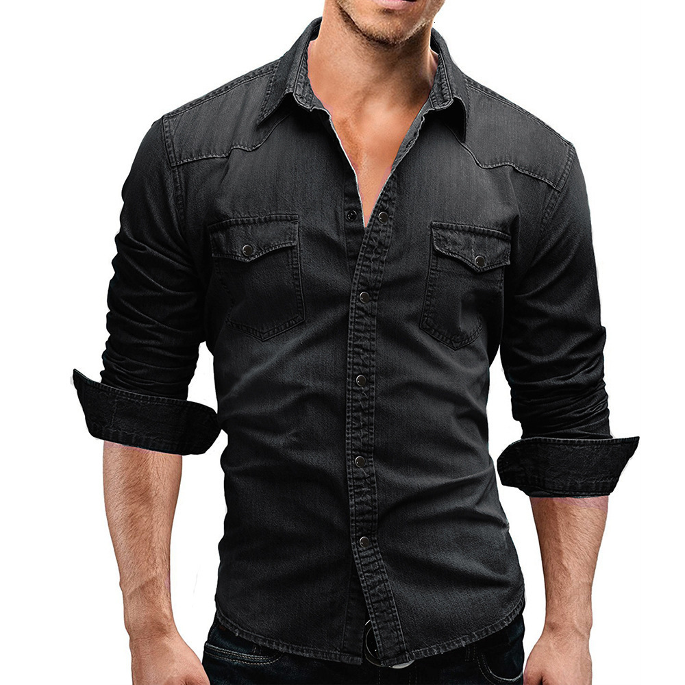 New men's slim fit casual European size minimalist long sleeved denim shirt