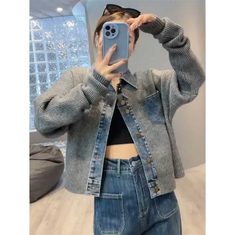 Korean Style Design Niche Loose and Western-style Sweater Womens 2024 Autumn New Denim Patchwork Knitted Top Fashionable JacketX240920