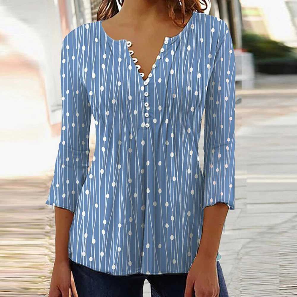 Trendy 3D Printed Shirts for Women Spring Summer 3/4 Sleeve V Neck Buttons Blouse Shirt Elegant Ladies Long Sleeve Tops M240920