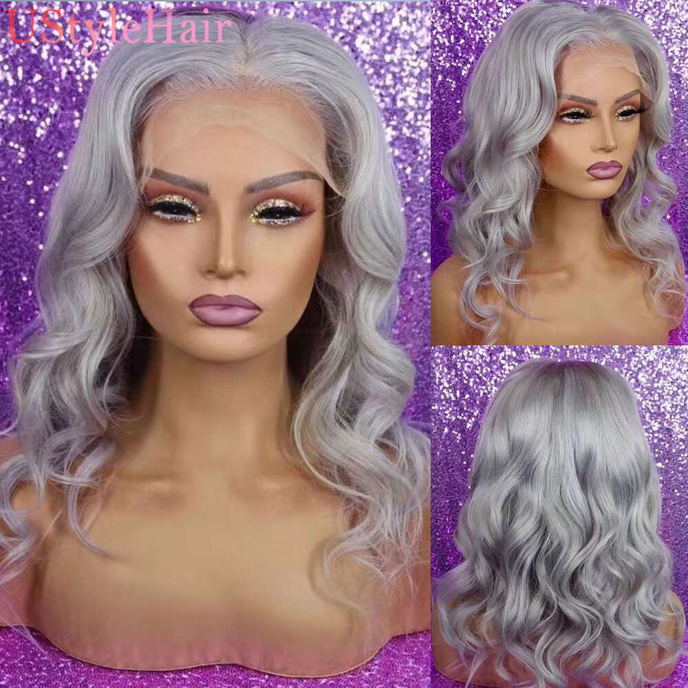 Ustylehair Sier Wave Synthetic Bob Lace Front Wig Natural Haire 613 Blonde /Light Grey/Blue Short Hair