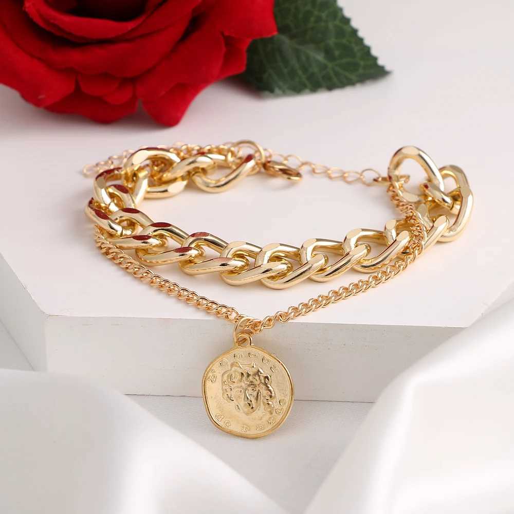 KINFOLK Bohemian Head Portrait Pendant Anklet Set Chain Leg Foot Bracelet Chunky Chain Handmade Bracelet Set for Women 2021 Y240920