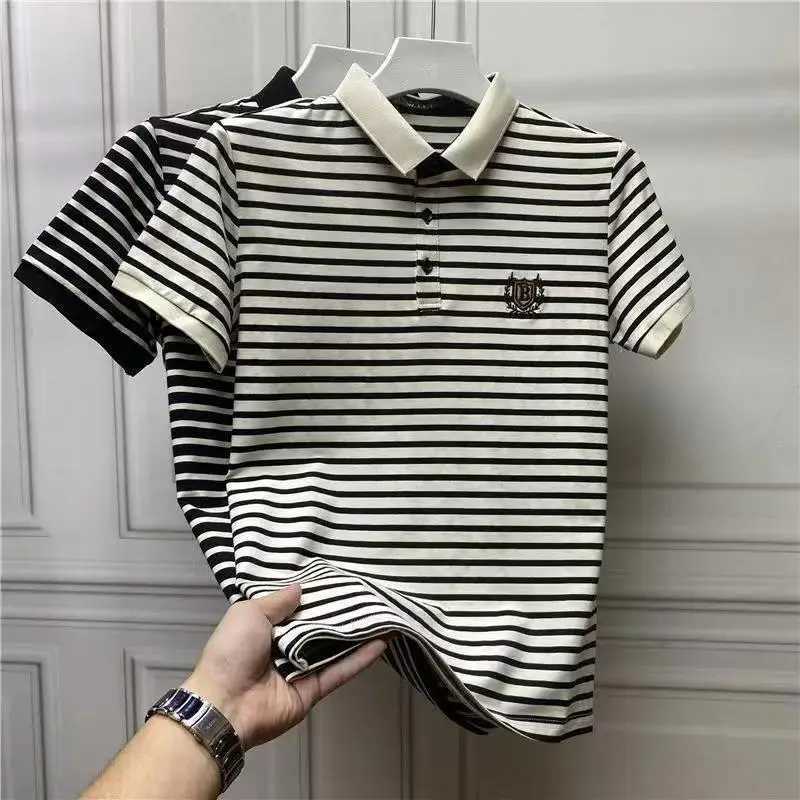 Summer New Oversized Men Embroidered Turn-down Collar Polo Shirts Mens Clothing All-match Striped T-Shirt Fashion Top Tee MaleX240920